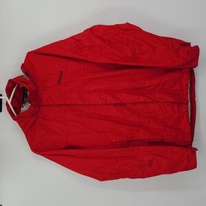 Marmot Large Red Black logo zip up hooded mesh pocket windbreakerwhite interior